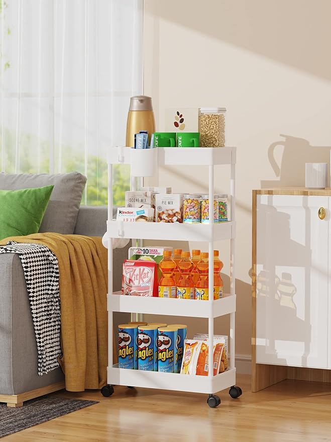LEHOM Slim Rolling Storage Cart - 4 Tiers Bathroom Organizer Utility Cart Slide Out Storage Shelves Mobile Shelving Unit for Kitchen, Bedroom, Office, Laundry Room, Small Narrow Spaces (7.1" W+White)