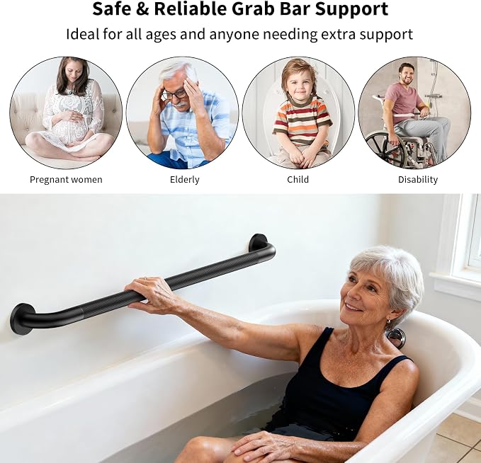36 Inch Black Grab Bars for Shower with Anti-Slip Knurled Grip,YuanDe Stainless Steel Bathroom Grab Bars, Shower Handrail Support, Handicap Elderly Balance Assist Handles