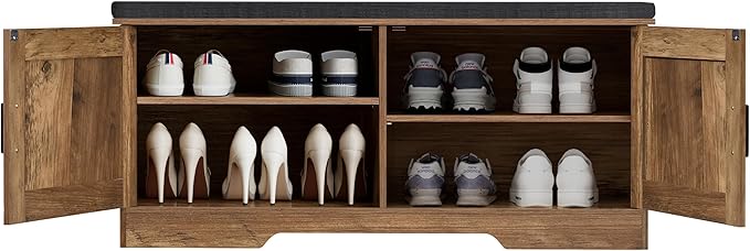 HOMSHO 2-Tier Storage Bench, 39.4" Wide Shoe Bench with Padded Seat Cushion, Entryway Bench with 2 Barn Doors and Adjustable Shelf, Rustic Walnut