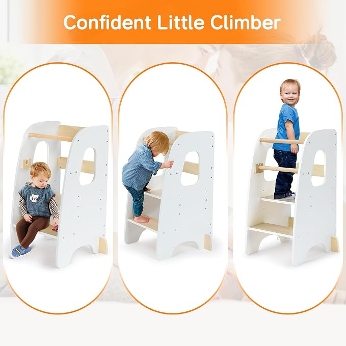 Ezebaby Toddler Standing Tower, 3-Adjustable Height Toddler Kitchen Step Stool, Kids Helper Stool for Learning New Skills-White