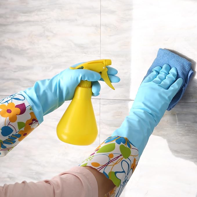 Bamllum 3 Pairs Rubber Cleaning Gloves, Household Kitchen Dishwashing Gloves with Cotton Flocked Liner, Long Cuff 16 Inches (Blue+Yellow+White, Small)
