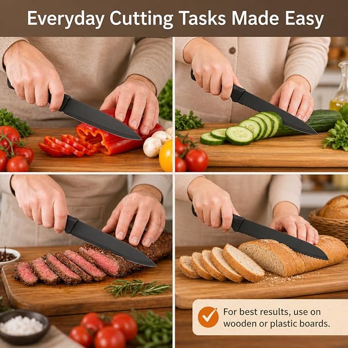 Small Knife Block Set, Modern Kitchen Knife Scissors with Universal Round Holder, Home Apartment New Kitchen Essentials, Space Saving, Dishwasher Safe(Black, 7PCS)
