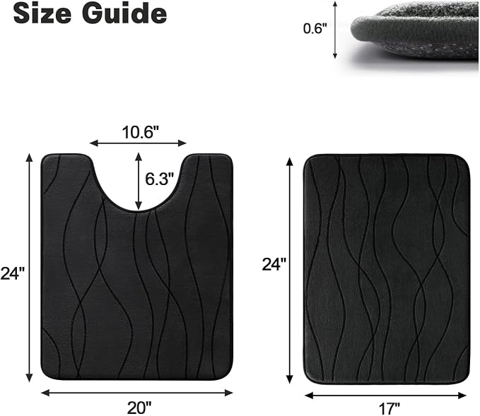 YIHOUSE Memory Foam Bathroom Rug Sets, Black, 2 Piece-U Shape & Small Mat | Ultra Soft, Absorbent, Non-Slip, Machine Washable