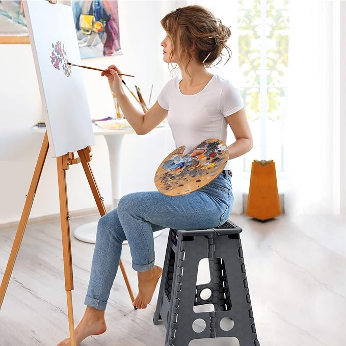 Flottian 18" Folding Step Stool for Adults and Kids Holds Up to 300 lbs,Non-Slip Folding Stools with Handle, Compact Plastic Foldable Step Stool for Bathroom,Bedroom, Kitchen,Gray,1PC