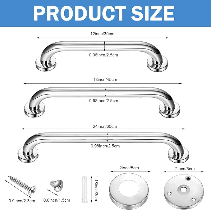 Therwen 12/18/24 Inch 6 Pack Shower Grab Bars Stainless Steel Bathroom Handicap Heavy Duty Handle Anti Slip Bathtub Handle Support Balance Hand Rail for Bathroom Wall Elderly Pregnant Seniors (Silver)