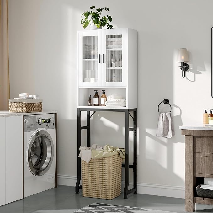 USHOWER Over The Toilet Storage Cabinet, Bathroom Organizer with Tempered Glass Doors, Thicken Metal Stand & MDF Wood, Freestanding Space Saver, White