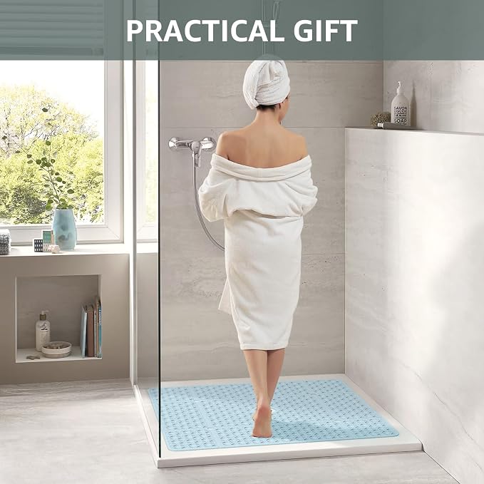 OTHWAY Square Shower Mat, 27"x 27" Extra Large Shower Mats for Inside Shower, TPE Anti Slip Shower mat with Suction Cups Drain Holes, Machine Washable Shower Floor Mat (Light Blue)