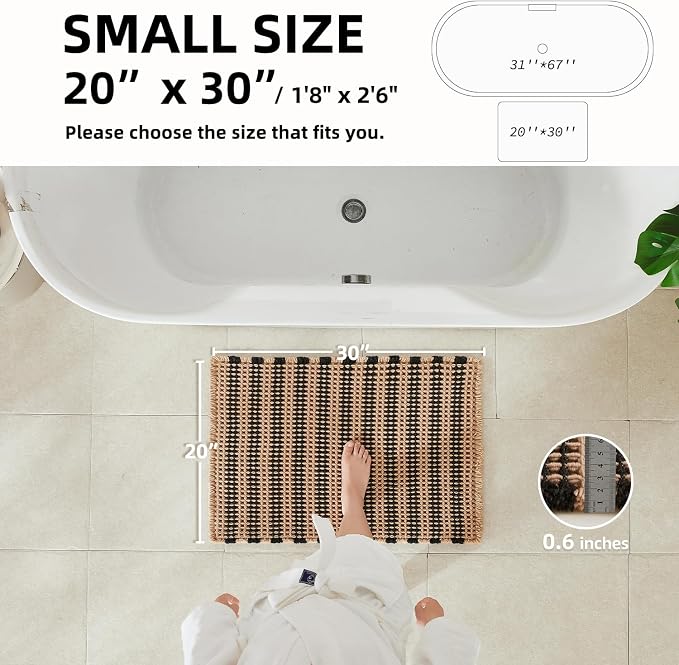 TYUU Waffle Bath Mat, Boho Bathroom Rugs Non Slip Washable Super Absorbent Quick Dry Bath Mat Farmhouse Bathroom Decor, 30"x20" Black and Khaki