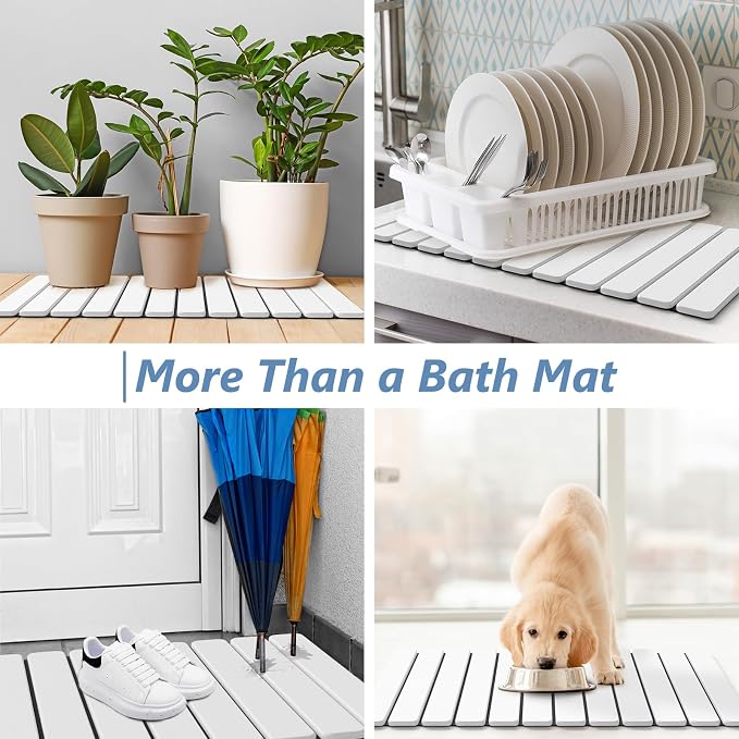 AWW Foldable Stone Bath Mat, Quick Dry Diatomaceous Earth Bath Mat with Non-Slip Mat, Super Absorbent, Easy to Clean, Compact for Small Bathrooms, 31.5 x 15.7, White