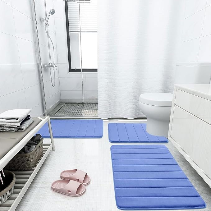 Buganda Memory Foam Bath Mat, 60" x 24", Ultra Soft and Non-Slip Bathroom Rugs, Water Absorbent and Machine Washable Bath Rug Runner for Bathroom, Shower, and Tub, Cornflower Blue