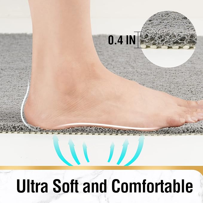 HITSLAM Non Slip Bathtub Mat 40 x 28 Inch, Extra Long Bath Mat for Tub, Soft PVC Loofah Shower Floor Mat with Drain, Quick Drying Bathroom Tub Mat for Wet Area, Without Suction Cup, Grey