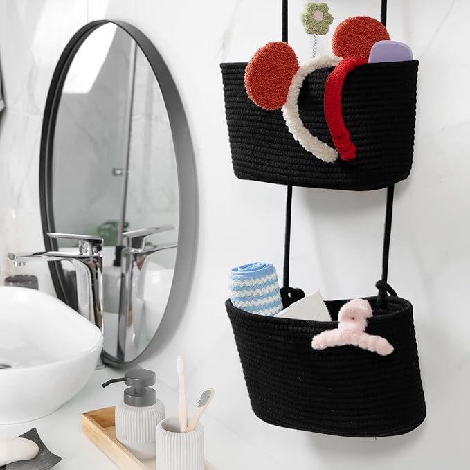 TeoKJ Over the Door Hanging Basket, 3-Tier Woven Cotton Wall-Mounted Storage Organizer Bag Decorative Hanging Nursery Baskets, Black
