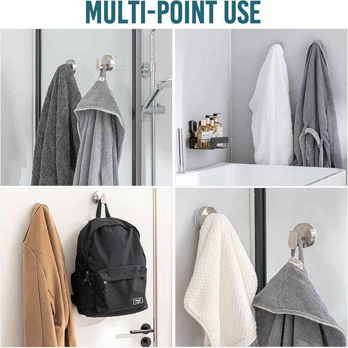 TAILI 304 Stainless Steel Bathroom Suction Hooks for Towel, Bathrobe, Loofah, Patented Strong Suction Cup Holder, No Damage Hanging Glass Shower Wall Hook, Retro High-Rise Design, 2 Pack, Silver
