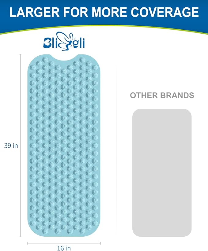 Bligli Bathtub Mat Non-Slip Without Suction Cups, 39x16inch Extra Long Bath Mats for Shower Bathroom, Machine Washable Natural Rubber Shower Tub Mat (39x16inch, Sky Blue)