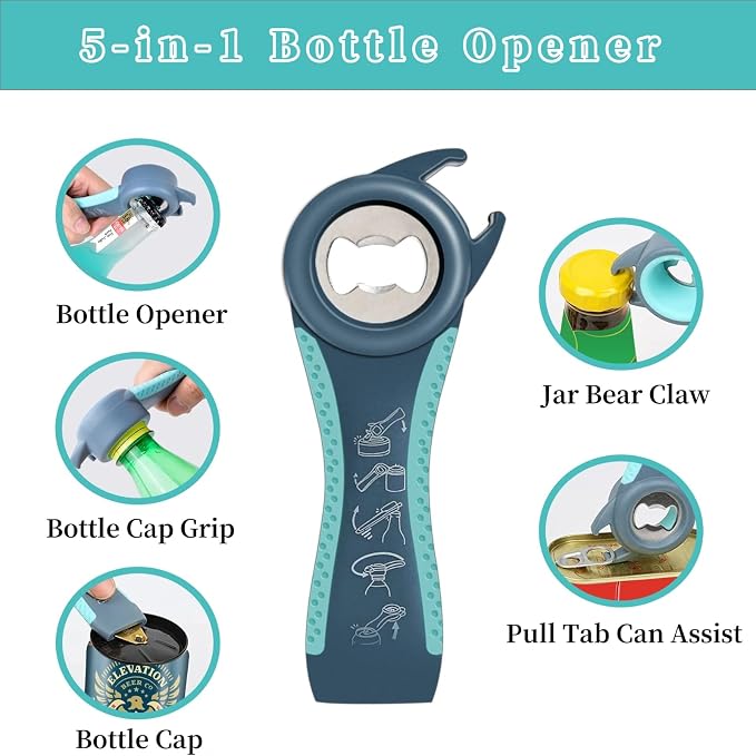 Bloss Anti-skid Jar Opener Can Opener Kitchen Grippers, 4 in 1 Multi Function Bottle Opener Lid Opener for Seniors with Arthritis, Caps and Bottles Kitchen Gadgets For Small Hands or Seniors, Blue