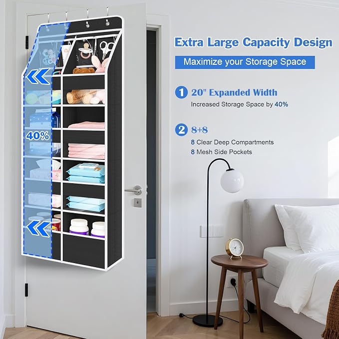 Univivi 5-Shelf Over Door Hanging Organizer Fabric Door Storage for Baby Nursery Nursery Closet Cabinet Wall Mount Hanging Storage Organizers with 8 Deep Pockets and 4 Small PVC Pockets(Black)