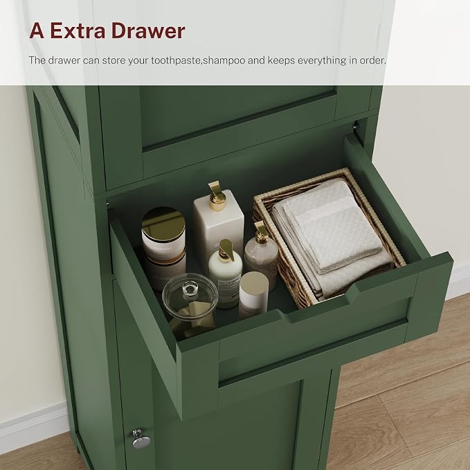 TEENFON Tall Bathroom Cabinet with 2 Doors & 1 Drawer, Narrow Bathroom Storage Cabinet with Adjustable Shelves, for Living Room, Entryway, Kitchen, Forest Green