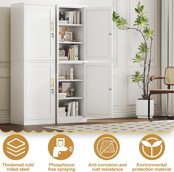 Tall Narrow Slim Metal Storage Cabinet with Lock and 5 Adjustable Shelves,Steel File Cabinets,Kitchen Pantry Cabinet Locker Organizer - 67" Storage Cabinets for Bathroom,Bedroom,Office