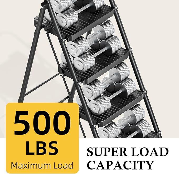 Urackify 4 Step Ladder, Portable Folding Ladder for Multi-Purpose, Home, Kitchen, Heavy Sturdy Steel Step Stool with Handrail, Anti-Slip Wide Pedals, Safe-Lock Design, Pass 500lbs Load Testing, Black