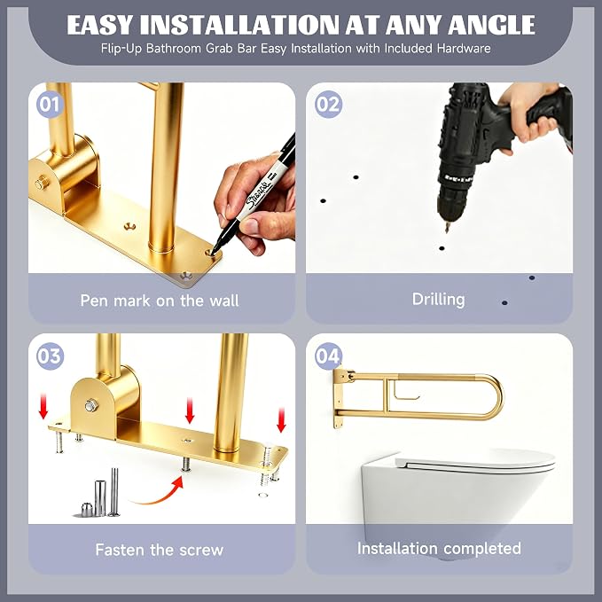 22.5 Inch Toilet Grab Bar, HUAS Gold Anti Slip Bathroom Toilet Safety Rails, U Shaped Flip-Up Handicap Grab Bars w/Paper Holder, Stainless Steel Support Handrail for Elderly Disabled Senior