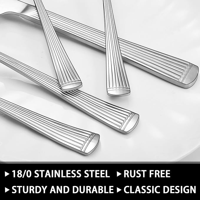 49-Piece Silverware Set with Organizer, Food-Grade Stainless Steel Flatware for 8, Cutlery Utensil Sets with Steak Knives, Rust-proof, Mirror Polished, Dishwasher Safe, Silver Roman Column
