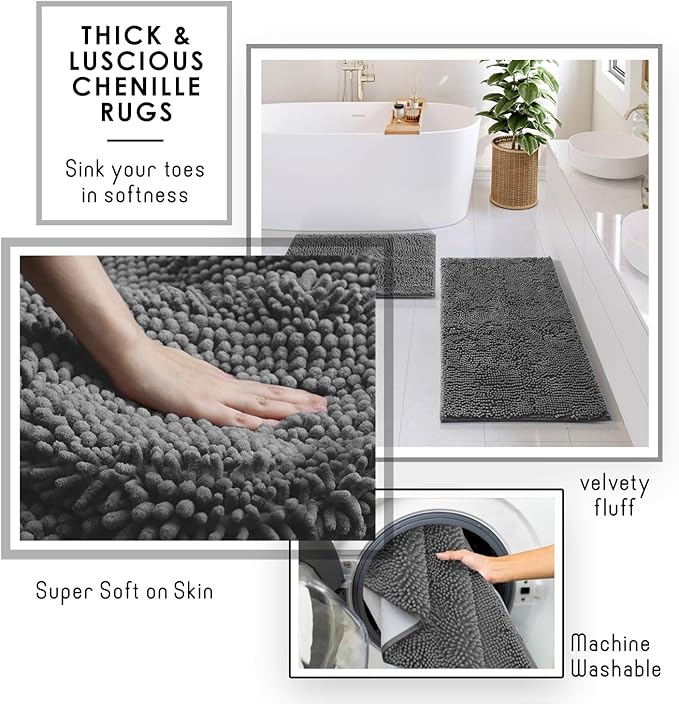 Clara Clark Bathroom Accessories Set - 27PC Bathroom Set with Adhesive Corner Shower Caddy Hanging, Bathroom Sets with Shower Curtain and Rugs, Grey Shower Curtain Set with Bathroom Trash Can