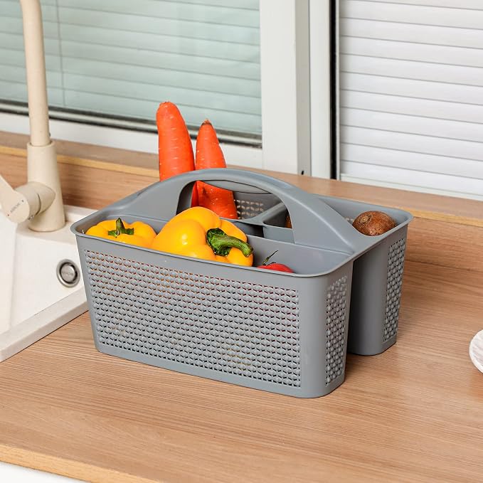 UUJOLY Plastic Portable Shower Caddy Bucket, Cleaning Shower Basket with Handle Compartments Storage Organizer for Bathroom Kitchen College Dorm Sink, Grey
