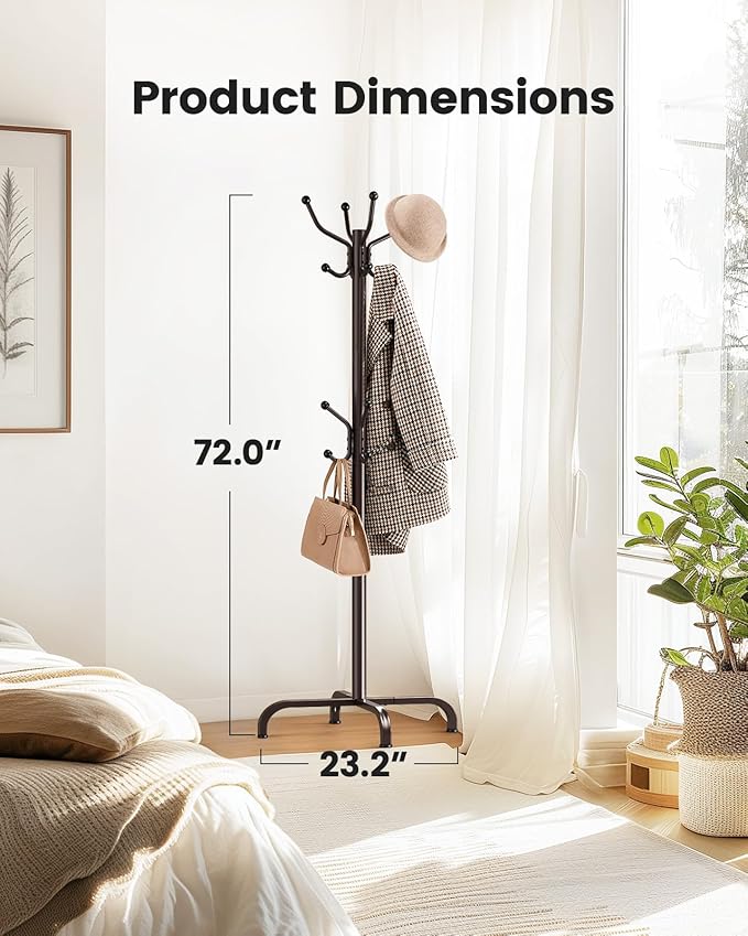 Pipishell Coat Rack with 14 Hooks, Freestanding Coat Rack Stand for Entryway, Hallway, Bedroom, and Office, Metal Coat Tree & Hat Rack for Coats, Hats, and Bags, Brown