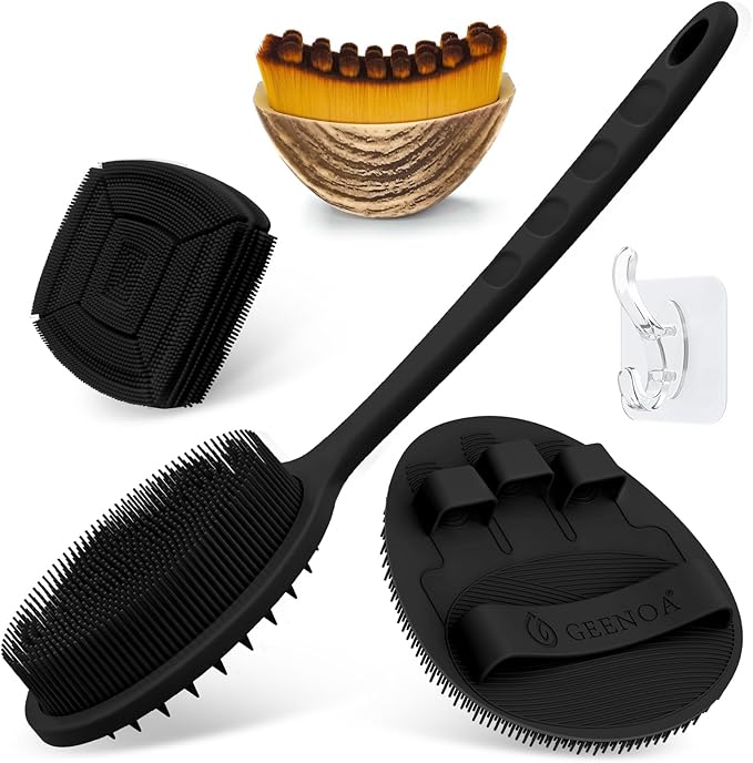 Silicone Back/Body/Face Scrubber & Lymphatic Contour Face Brush Set 4PCS, 13.4'' Soft Back Scrubber, 360° Anti-Slip Bath Glove, Unique Side-bristled Face Scrubber for All-Round Cleaning(Black)