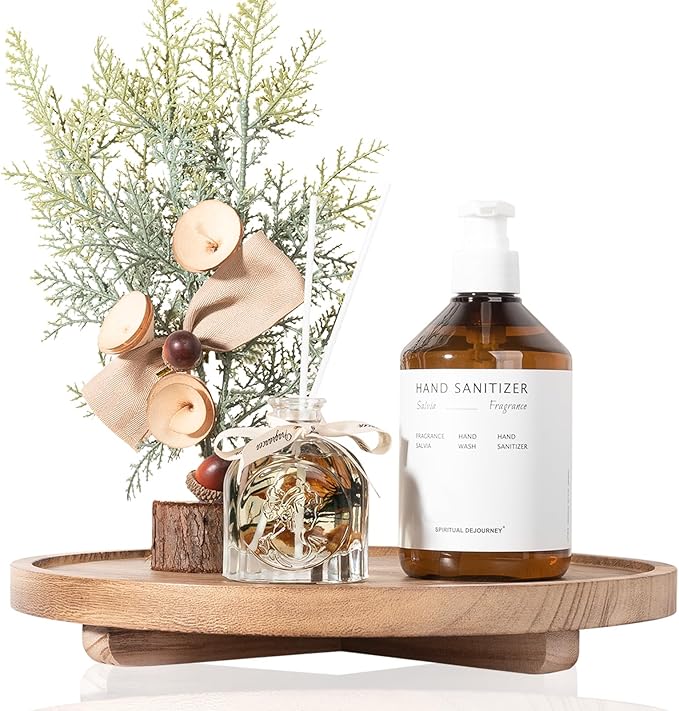 Round Decorative Tray Wood Bathroom Counter Organizer Farmhouse Kitchen Decor Wooden Riser for Soap Dish, Perfume, Candle, Sponge, 12" - Brown