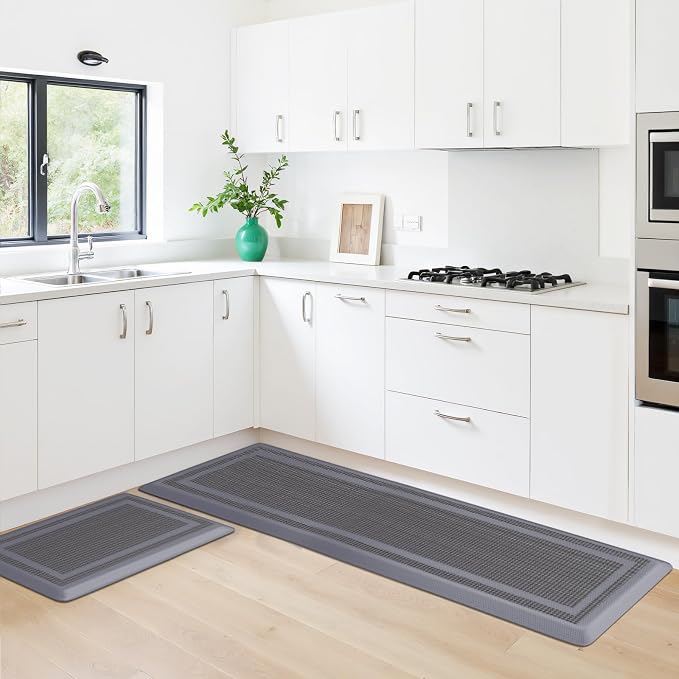 KitchenClouds [2 PCS] Kitchen Rugs Cushioned Anti-Fatigue Kitchen Mats for Floor Waterproof Kitchen Rug Set Non-Slip Comfort Standing Mat for Office, Sink, Laundry 20"×30"+20"×60", Grey