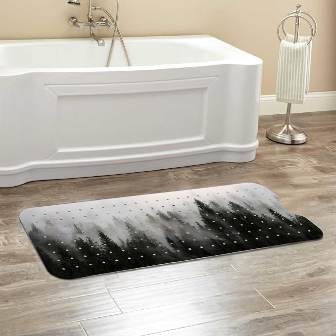 Misty Forest Bathtub Mat Non Slip, Baby Bath Mat for Tub Rubber Tub Mat, Kids Bath Mats for Bathroom Nature Trees Anti Slip Shower Mat with Suction and Drain Holes Machine Washable, 40″X16″