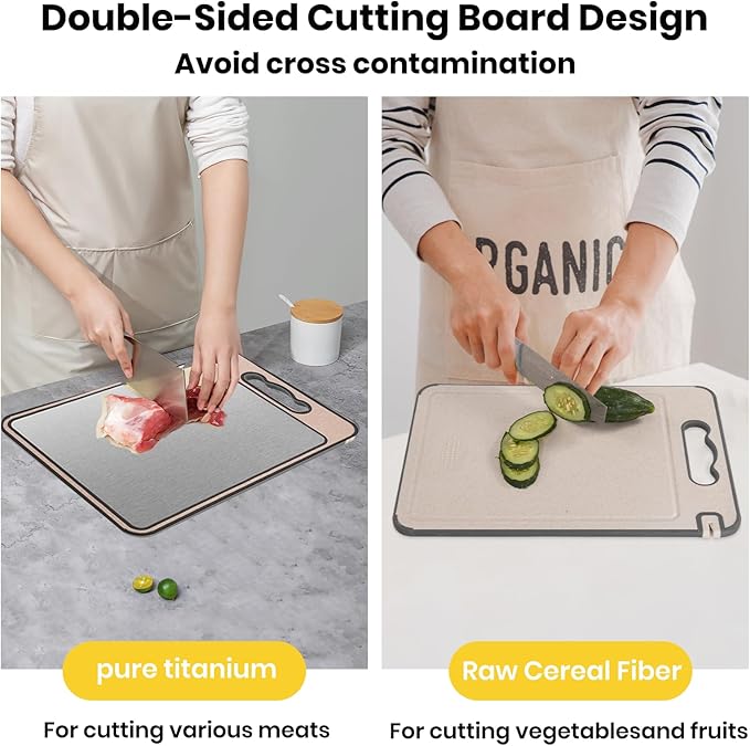 2-IN-1 Titanium Cutting Board for Kitchen Pure Titanium and Wheat Straw PP，Odor Resistant & Easy to Clean15.8x10.6 Inch, (Beige Titanium)