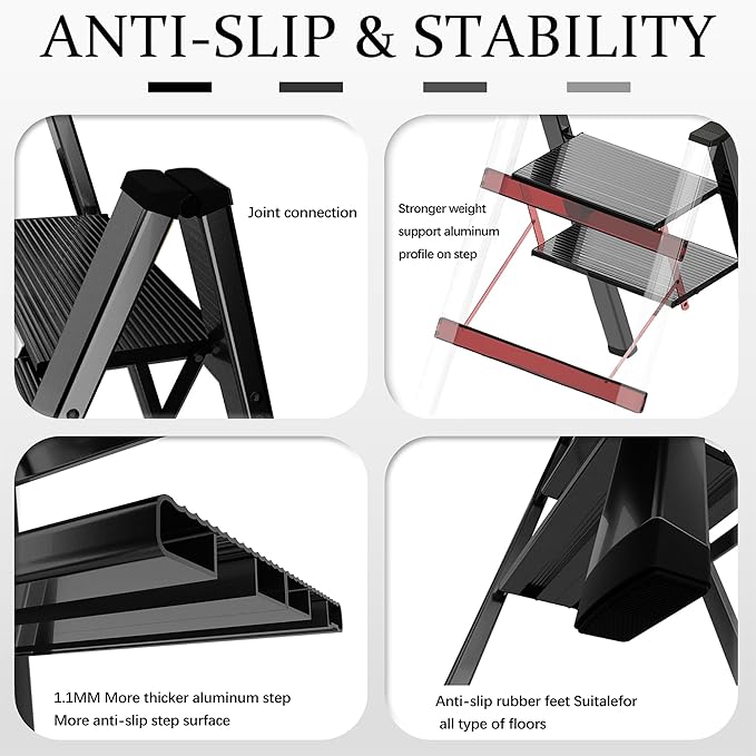 2 Step Lightweight Folding Ladder for Home, 330lbs Aluminum Step Ladder Anti-Slip for Kitchen, Step Stool Foldable Adults for Closet, 330lbs - Black