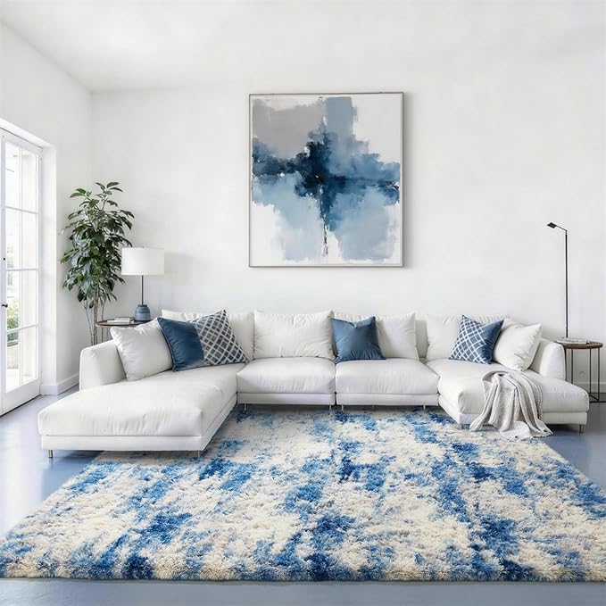 Ophanie 6x9 Blue and Gray Area Rugs for Living Room, Large Navy Grey White Fluffy Shag Fuzzy Plush Soft Carpets, Floor Shaggy Rugs for Bedroom, Carpet for Kids Boys Dorm Nursery Home Decor Aesthetic