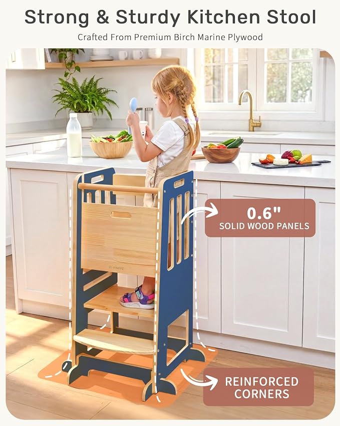 WINGYZ Toddler Tower - Anti-Tip Natural Wood Learning Stool Helper for Kids 18M-6Y, 150lb Capacity Kitchen Stool with 3-Height Adjustable Platform and Sliding Door Access, 20lb Portable Design, DK BLU