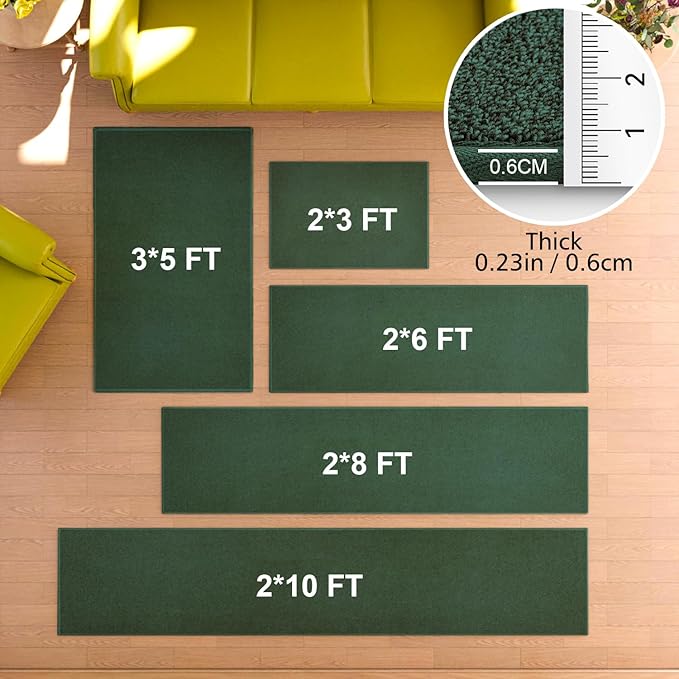 Runner Rug with Non Slip Rubber Backing, Washable Soft Floor Carpet for Kitchen, Hallway, Entryway Indoor, Bedroom, Laundry, Low Pile Area Rugs, Solid Color with Pointillism Style (Green, 2' * 8')