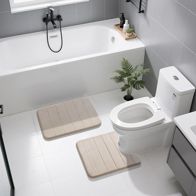 Yimobra U-Shaped Toilet Bath Mat Set 2 Piece - Super Soft Absorbent Quick Dry Memory Foam Bathroom Rugs, Machine Washable Non Slip Floor Carpet for Tub Shower & Single Sink (17x24 & 24x20, Beige)