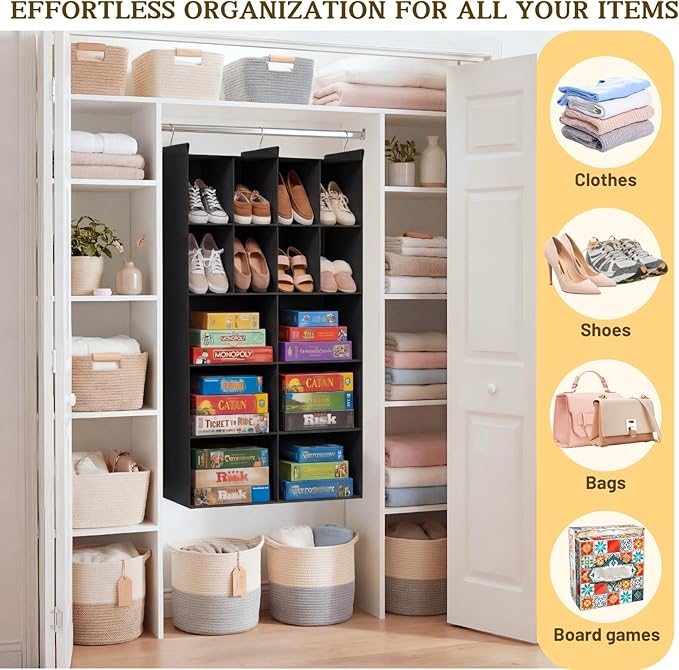 Ofiray-home 5 Tier Hanging Closet Organizer, 14 Compartments Sweater Organizer for Closet with 3 Sturdy Hooks, Closet Organizers and Storage, Wardrobe, Rv, Garment Rack, Black