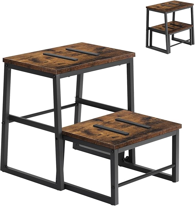 LIANTRAL 2 Step Stools for Adults & Kids, Heavy Duty 2-in-1 Stepping Stools Adjustable Retractable Wooden Stool, Metal Frame, Non-Slip Bedside Foot Stool, for Bed, Kitchen, RV Step - Rustic Brown