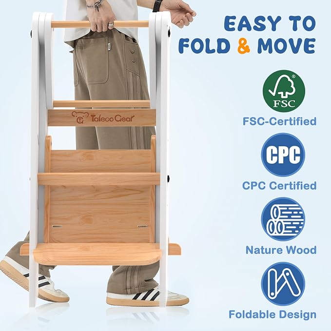Foldable Toddler Tower, Toddler Kitchen Stool Helper with Safety Net, Wooden Kitchen Step Stool for Toddlers with Adjustable Height, Standing Tower for Learning and Cooking(White)