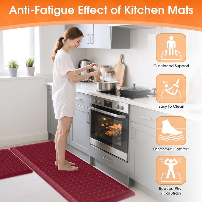 TranquilRelax 4/5 Inch Thick 2-Piece Anti-Fatigue Kitchen Mats, Cushioned Non-Slip Waterproof Sink & Stove Floor Mats, Comfortable Standing Rug Set for Kitchen, Laundry & Entryway, Red