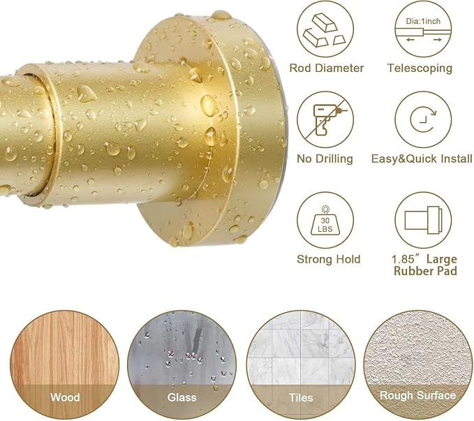 YNL Gold Shower Curtain Rod 32-94 Inch(2.7-7.8ft), Non-Slip, Never Rust, Stainless Steel No Drill Spring Tension Shower Rod, Adjustable Long Curtain Rod for Bathroom Window Patio