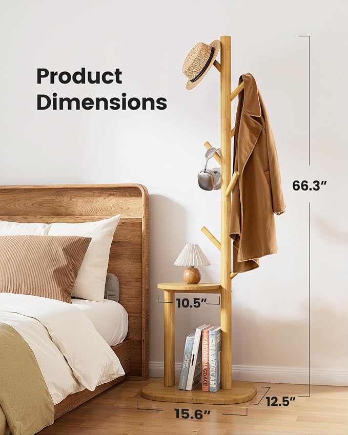 Pipishell Coat Rack, Freestanding Hall Tree with 8 Hooks & Storage Shelf, Solid Wood Base, 66.3″ Tall Coat Rack Stand for Coats, Hats, Bag in Entryway, Bedroom, Living Room, Wood, PIFCR11N