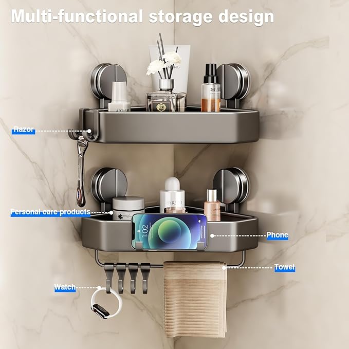 Mustorn Suction Cup Shower Caddy Corner, 2 Pack Suction Corner Shower Shelves No Drilling, Rustproof Shower Organizer Suction Cup with Towel Holder & Hooks Removable Bathroom Storage Rack(Gray)