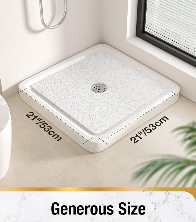HITSLAM Non Slip Shower Mat for Textured Tub Floor, 21x21 Inch Square Loofah Bath Mat for Inside Shower Stall, Quick Drying, No Suction Cups, White