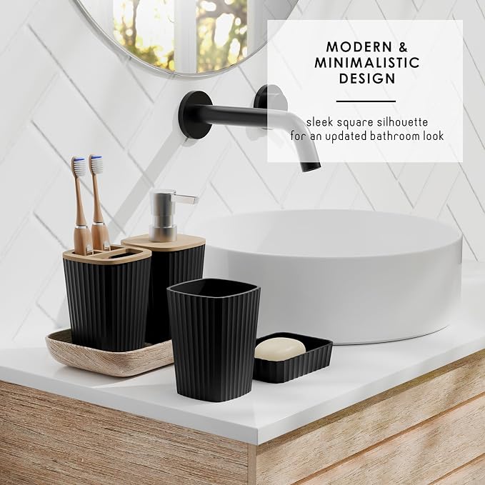 Clara Clark Bathroom Accessories Set - Bathroom Set, Bathroom Sets with Shower Curtain and Rugs, Shower Curtain Set with Bathroom Trash Can - Ombre Black - 22PC