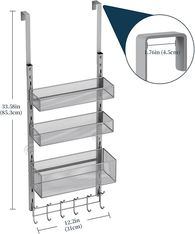 Consumest Over The Door Hooks Organizer - 4 Tier Door Coat Rack with 3 Baskets & 12 Hooks, Stainless Steel Towel Hanger for Bedroom, Bathroom, Living Room, Silver