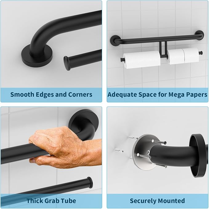 24 Inch Grab Bar w/Double Toilet Paper Roll Holder Black, iHansee Stainless Steel Shower Support Balanced Support Handle, Wall Mounted Safety Handrail Grab Rail for Elderly Senior Handicap Disabled