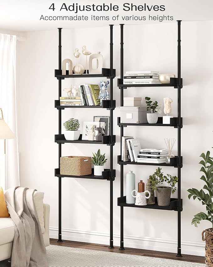 ALLZONE 4 Tier Over The Toilet Storage, Adjustable Wood Over Toilet Bathroom Organizer, Freestanding Shelves, Fit Most Showers Over The Toilet Shelf, 92 to 116 Inch Tall, Black